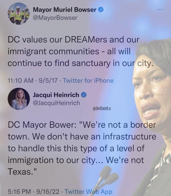 Mayor Muriel Bowser MayorBowser DC values our DREAMers and our immigrant communities all will continue to find sanctuary in our city 1110 AM 9517 Twitter for iPhone inrich Jacqui JacquiHeinrich Defiantis DC Mayor Bower Were not a border town We dont have an infrastructure to handle this this type of a level of immigration to our city Were not Texas 516 PM 91622 Twitter Web App