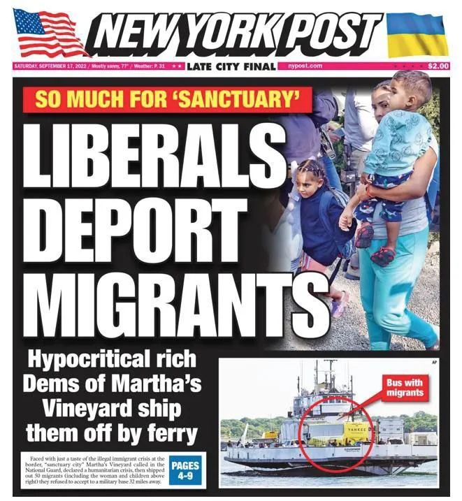 IEW YORKPOS lgand LATE CITY FINAL usmmsg DEPORT MIGRANTSA S Hypocritical rich Dems of Marthas Vineyard ship them off by ferry paces s