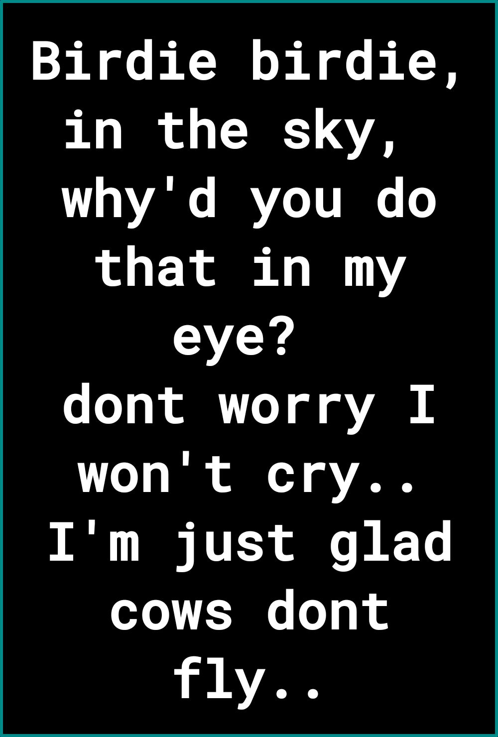 Birdie birdie in the sky whyd you do that in my eye oo A Te T VAN o o Tk ol o o VAN Im just glad o E J0e o 0 fly