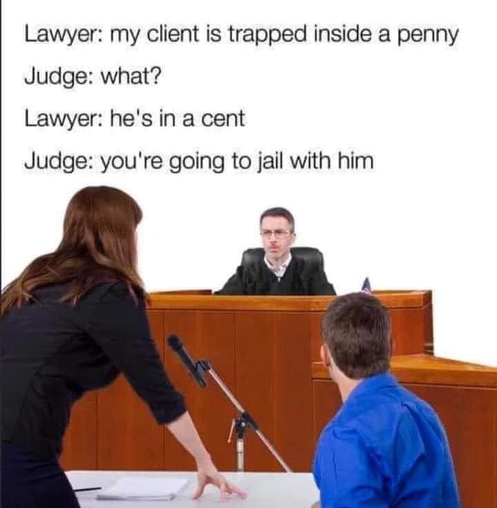 Lawyer my client is trapped inside a penny Judge what Lawyer hes in a cent Judge youre going to jail with him