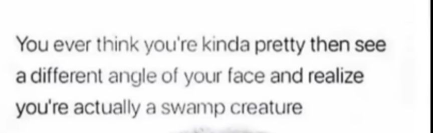 You ever think youre kincla pretty then see adifferent angle of your face and realize youre actually a swamp creature