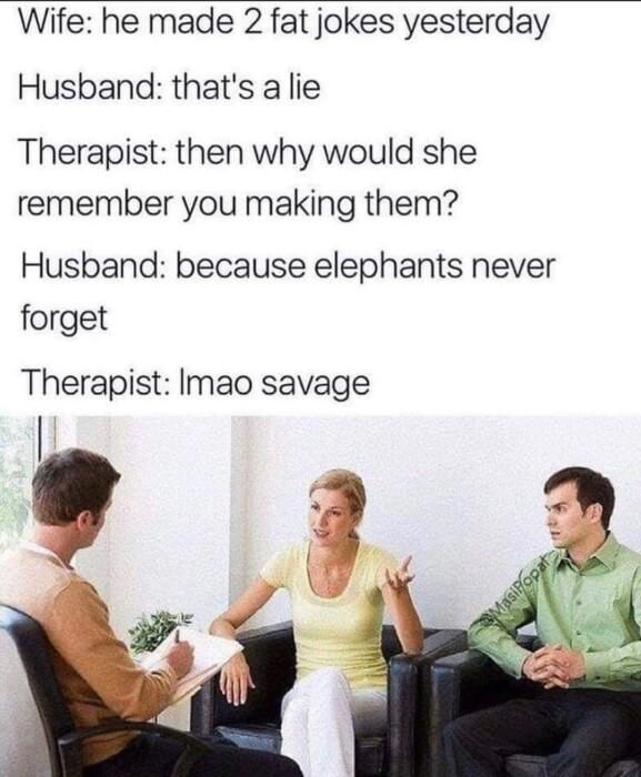 Wife he made 2 fat jokes yesterday Husband thats a lie Therapist then why would she remember you making them Husband because elephants never forget Therapist Imao savage