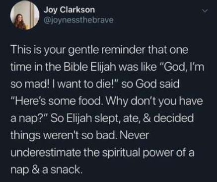 Joy Clarkson CEGEES LRSS This is your gentle reminder that one time in the Bible Elijah was like God Im so mad want to die so God said Heres some food Why dont you have anap So Elijah slept ate decided things werent so bad Never underestimate the spiritual power of a nap a snack