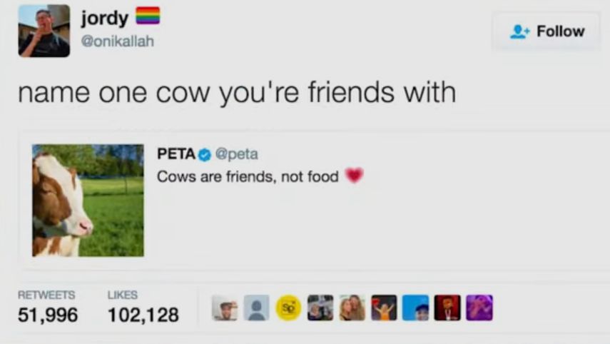 jordy Gonkalan C et name one cow youre friends with PETA peta Cows are iencs not ood W 5190 102128 TLNHANEAE