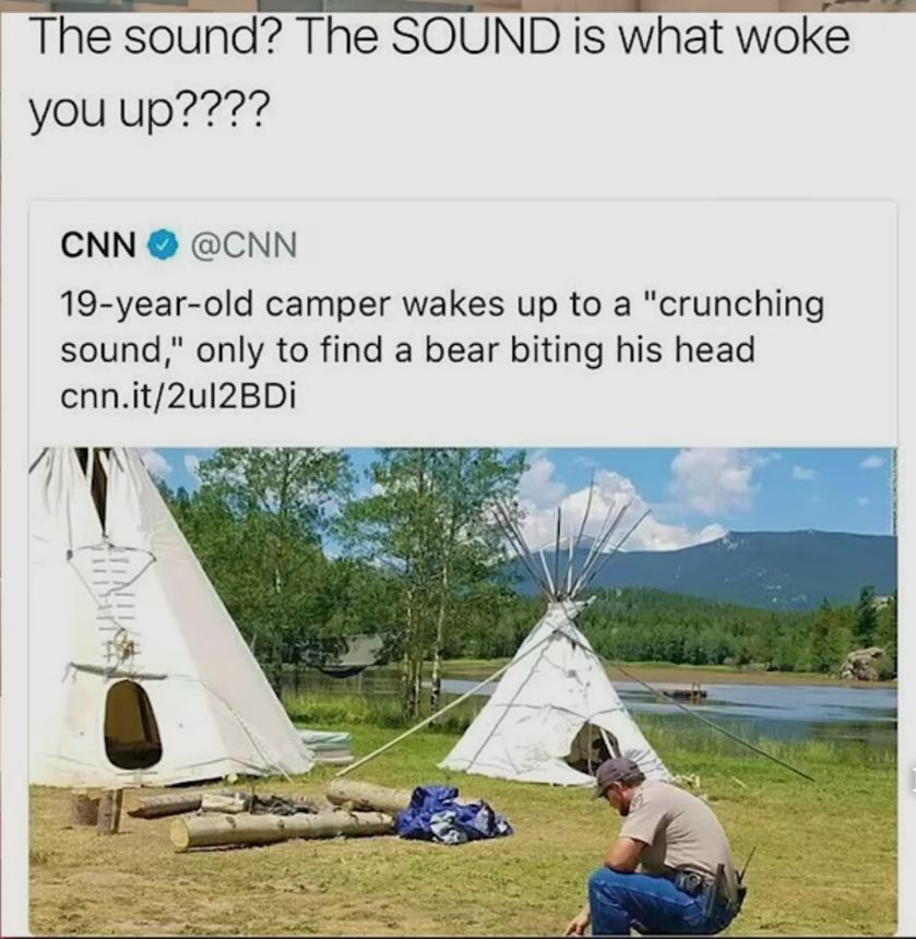 The sound The SOUND is what woke you up CNN CNN 19 year old camper wakes up to a crunching sound only to find a bear biting his head cnnit2ul2BDi