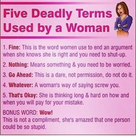 E Five Deadly Terms Used by a Woman 1 Fine This is the word women use to end an argument when she knows she is right and you need to shut up 2 Nothing Means something you need to be worried 3 Go Ahead This is a dare not permission do not do it 4 Whatever A womans way of saying screw you 5 Thats Okay She is thinking long hard on how and when you will pay for your mistake BONUS WORD Wow This is not 