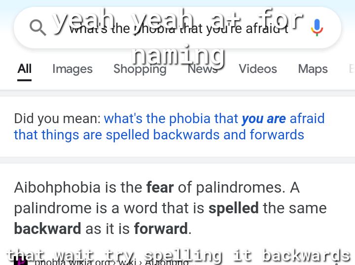 Q Vet e B bbbk 0 I 8 Images Shojpgaaljg NewJ Videos Maps Did you mean whats the phobia that you are afraid that things are spelled backwards and forwards Aibohphobia is the fear of palindromes A palindrome is a word that is spelled the same backward as it is forward giere el cepy aoallineg de paelyards