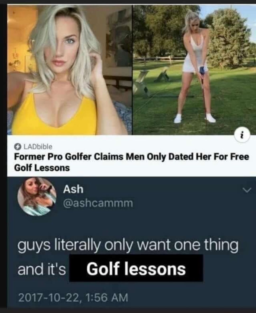 Former Pro Golfer Claims Men Only Dated Her For Free Golf Lessons eWVERN WAelaYANYETa 1 HelalRigllgle Clalo NI To ff TXTe I 2017 10 22 156 AM