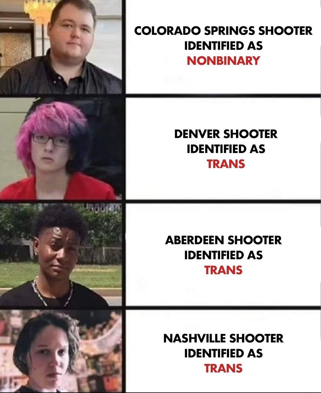 COLORADO SPRINGS SHOOTER IDENTIFIED AS DENVER SHOOTER IDENTIFIED AS RANS ABERDEEN SHOOTER IDENTIFIED AS NASHVILLE SHOOTER IDENTIFIED AS