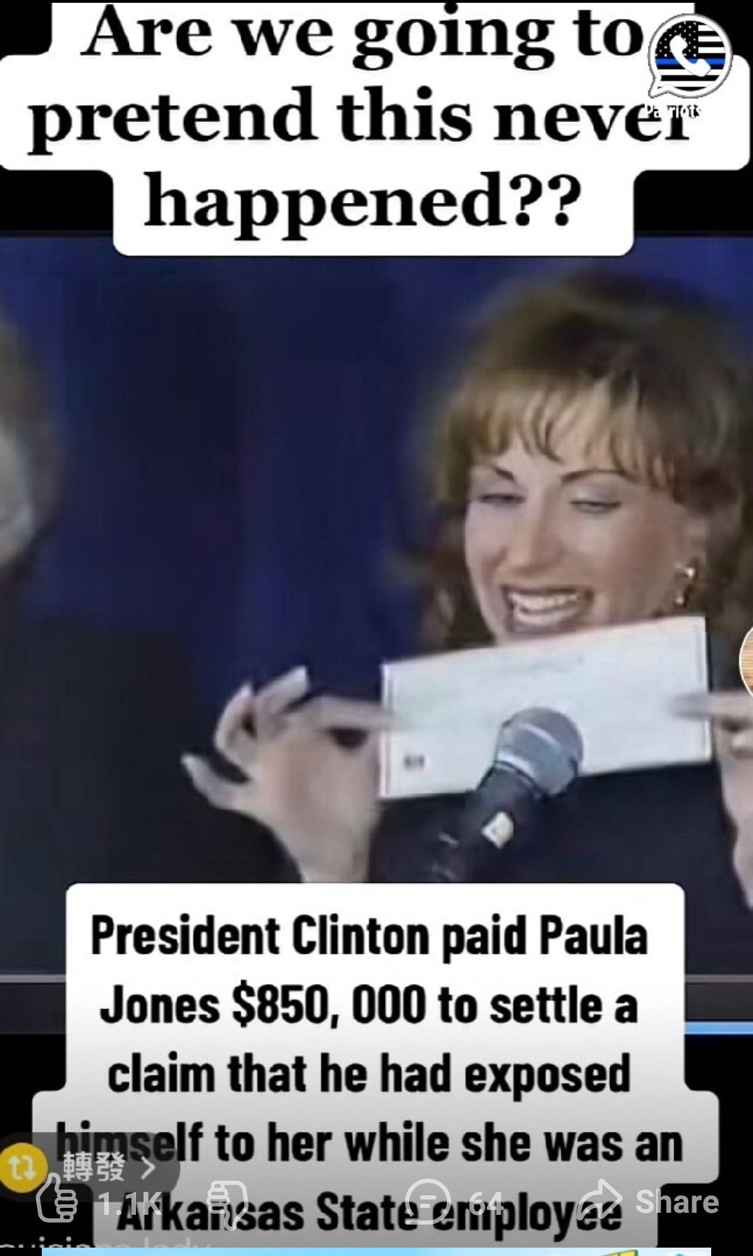 e we going togg pretend this never happened President Clinton paid Paula Jones 850 000 to settle a claim that he had exposed