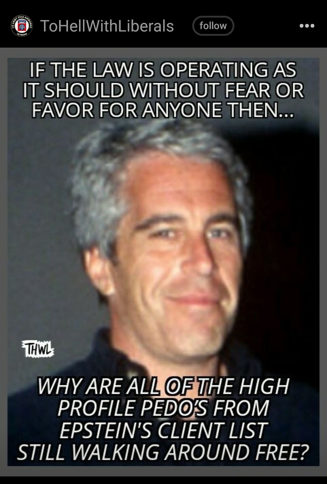 ToHellWithLiberals follow LS VAVASIOIE AN I INIEWNS IT SHOULD WITHOUT FEAR OR ZAO FORyLYONE THEN L WHY ARE ALIJORITHE HIGH PROFILE PEDS FROM EPSTEINS CLIENT LIST STILL WALKING AROUND FREE