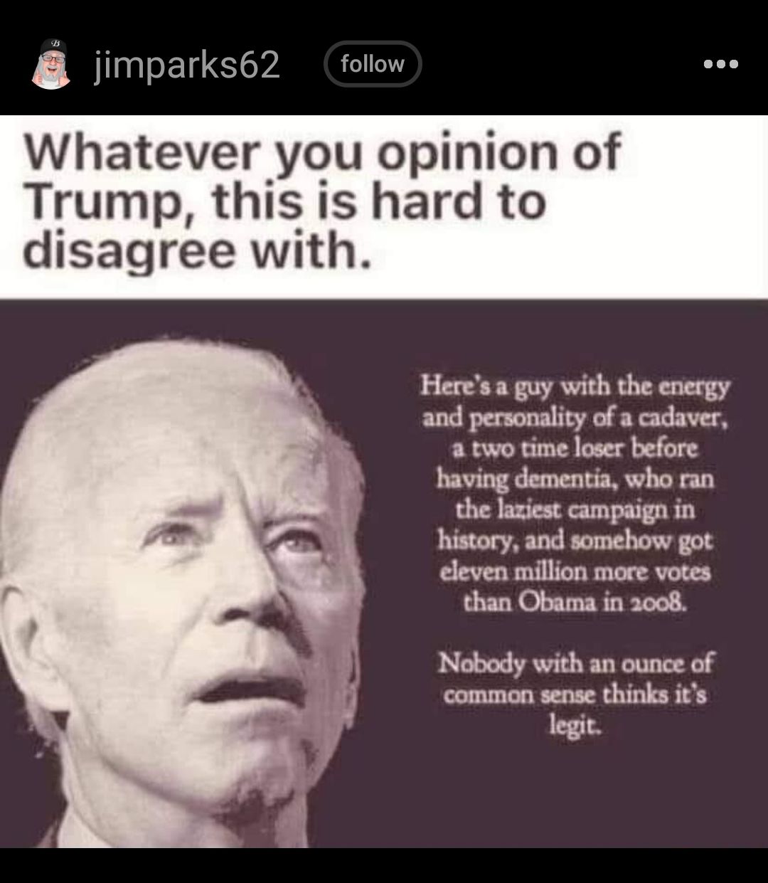 iimparks62 follow Whatever you opinion of Trump this is hard to disagree with Heres a guy with the energy and personality of a cadaver a two time loser before having dementia who ran the laziest campaign in history and somehow got eleven million more votes than Obama in 2008 Nobody with an ounce of common sense thinks its legit