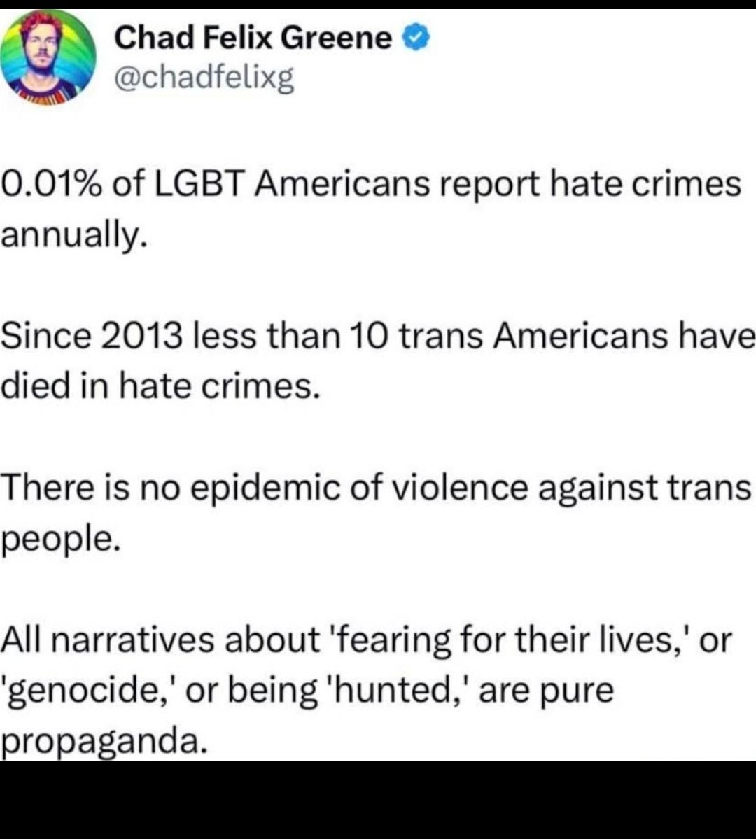 Chad Felix Green chadfelixg 001 of LGBT Americans report hate crimes annually Since 2013 less than 10 trans Americans have died in hate crimes There is no epidemic of violence against trans people All narratives about fearing for their lives or genocide or being hunted are pure iroiaianda