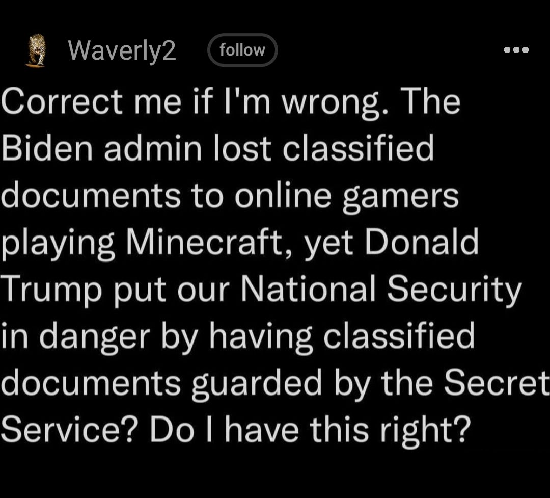 8 Waverly2 follow Correct me if Im wrong The Biden admin lost classified documents to online gamers playing Minecraft yet Donald Trump put our National Security in danger by having classified documents guarded by the Secret Service Do have this right