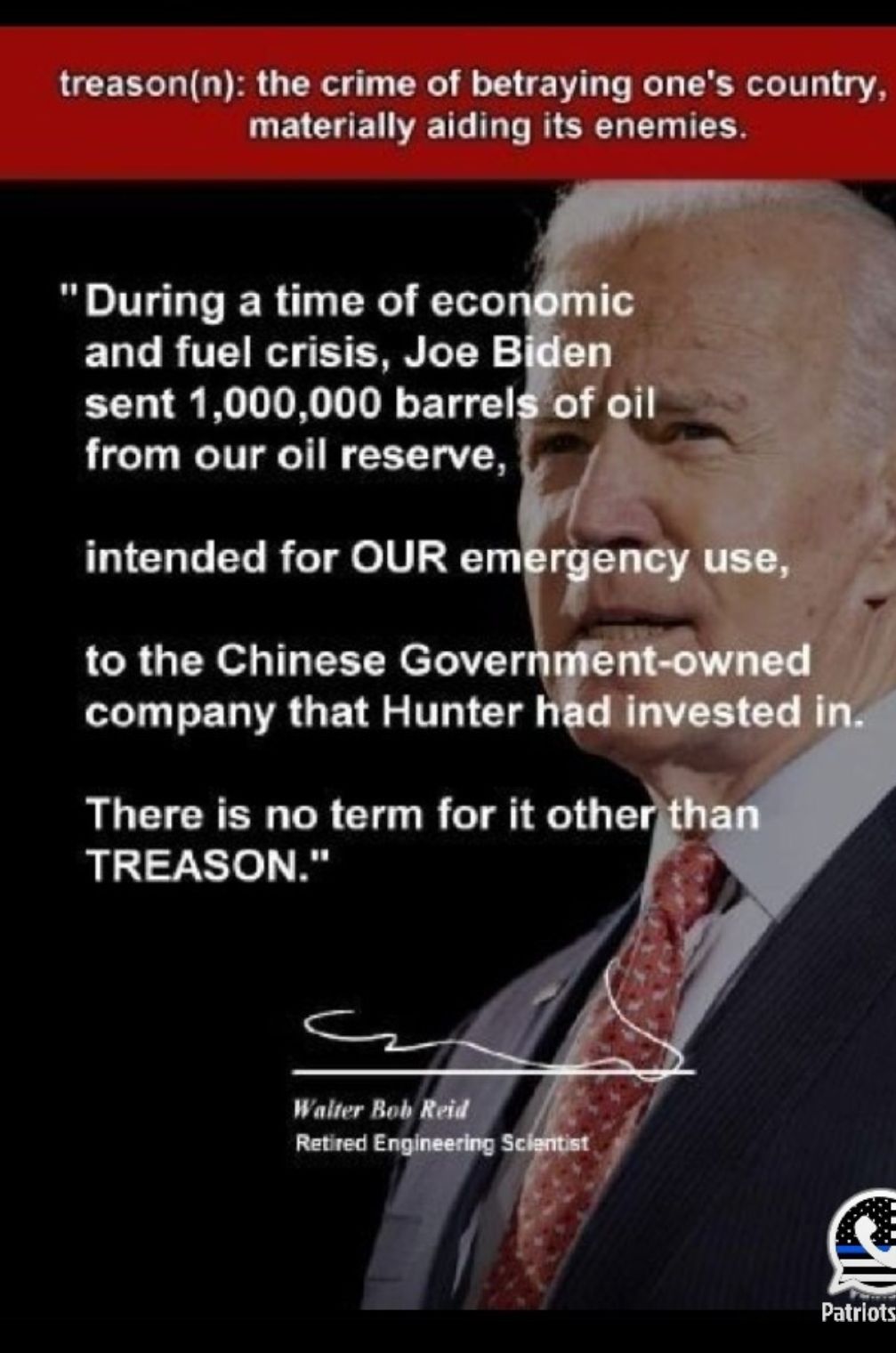 treasonn the crime of betraying ones country materially aiding its enemies During a time of ecoi ELG R ERNETS sent 1000000 barrel of from our oil reserve LICHLELRGTe IV 3 to the Chinese Gove LI ED IR GET S T T There is no term for it othe TREASON