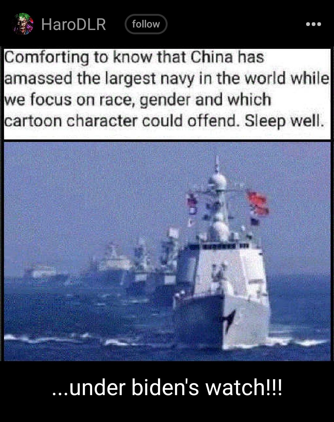 HaroDLR follow Comforting to know that China has amassed the largest navy in the world while we focus on race gender and which lcartoon character could offend Sleep well under bidens watch