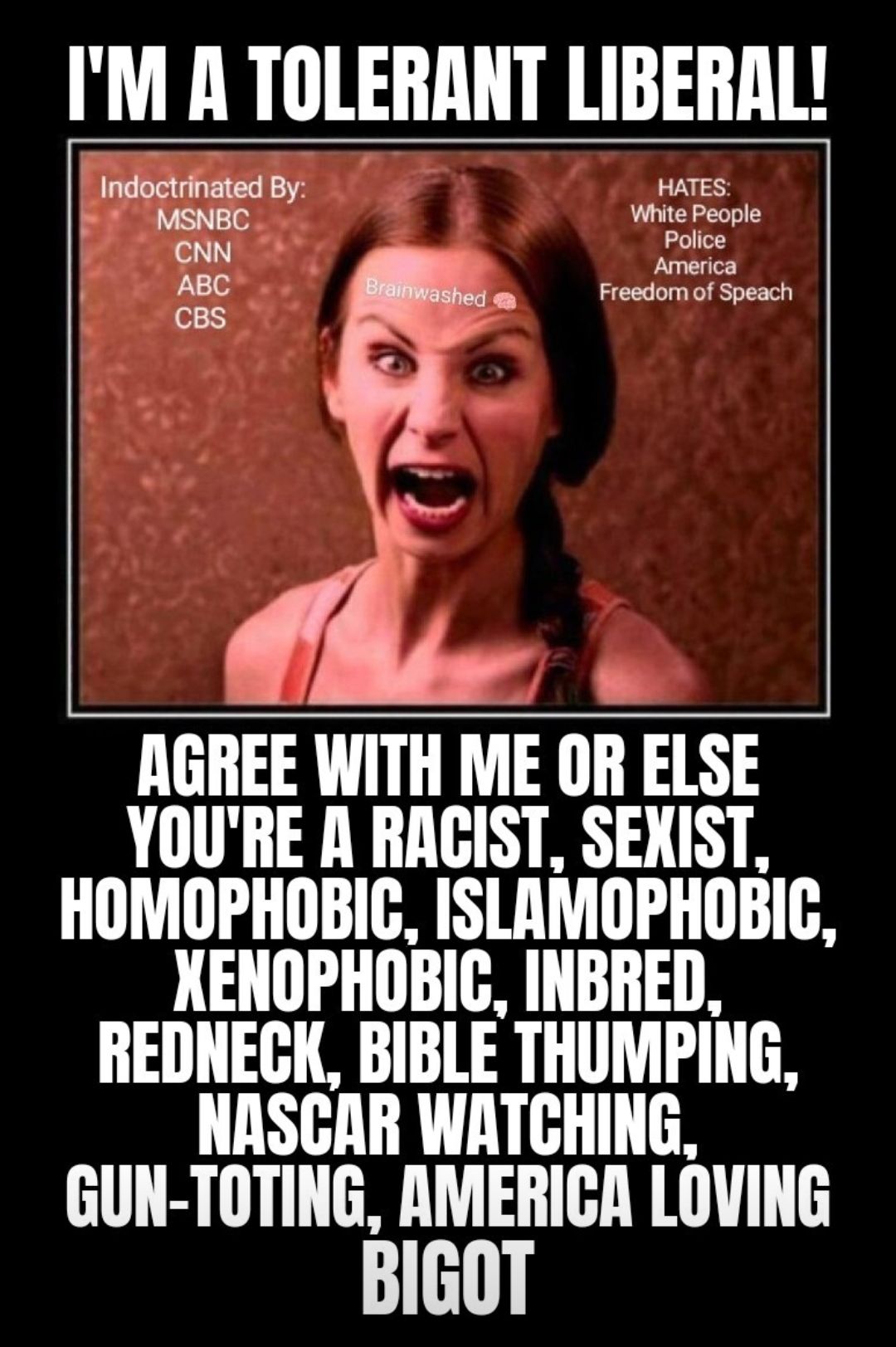 Indoctrinated By MSNBC White People CNN IM A TOLERANT LIBERAL NGREE WITH ME OR ELSE YOURE A RACIST SEXIST HOMOPHOBIC ISLAMOPHOBIC NENOPHOBIC INBRED REDNECK BIBLE THUMPING NASCGAR WATCHING GUN TOTING AMERICA LOVING BiGOT