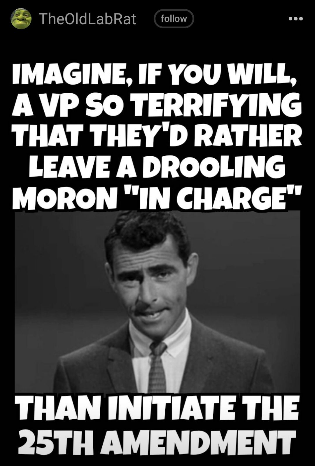 TheOldLabRat foliow IMAGINE IF YOU WILL A VP SO TERRIFYING THAT THEYD RATHER LEAVE A DROOLING MORON IN CHARGE y Ay THAN INITIATE THE 25TH AMENDMENT