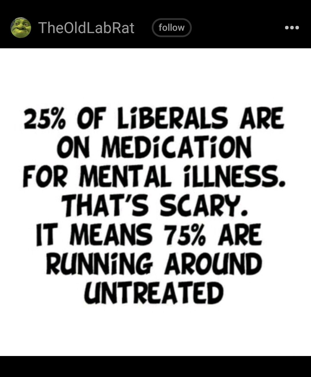 TheoldLabRat ol 25 OF LiBERALS ARE ON MEDiCATiON FOR MENTAL iLLNESS THATS SCARY IT MEANS 75 ARE RUNNING AROUND UNTREATED