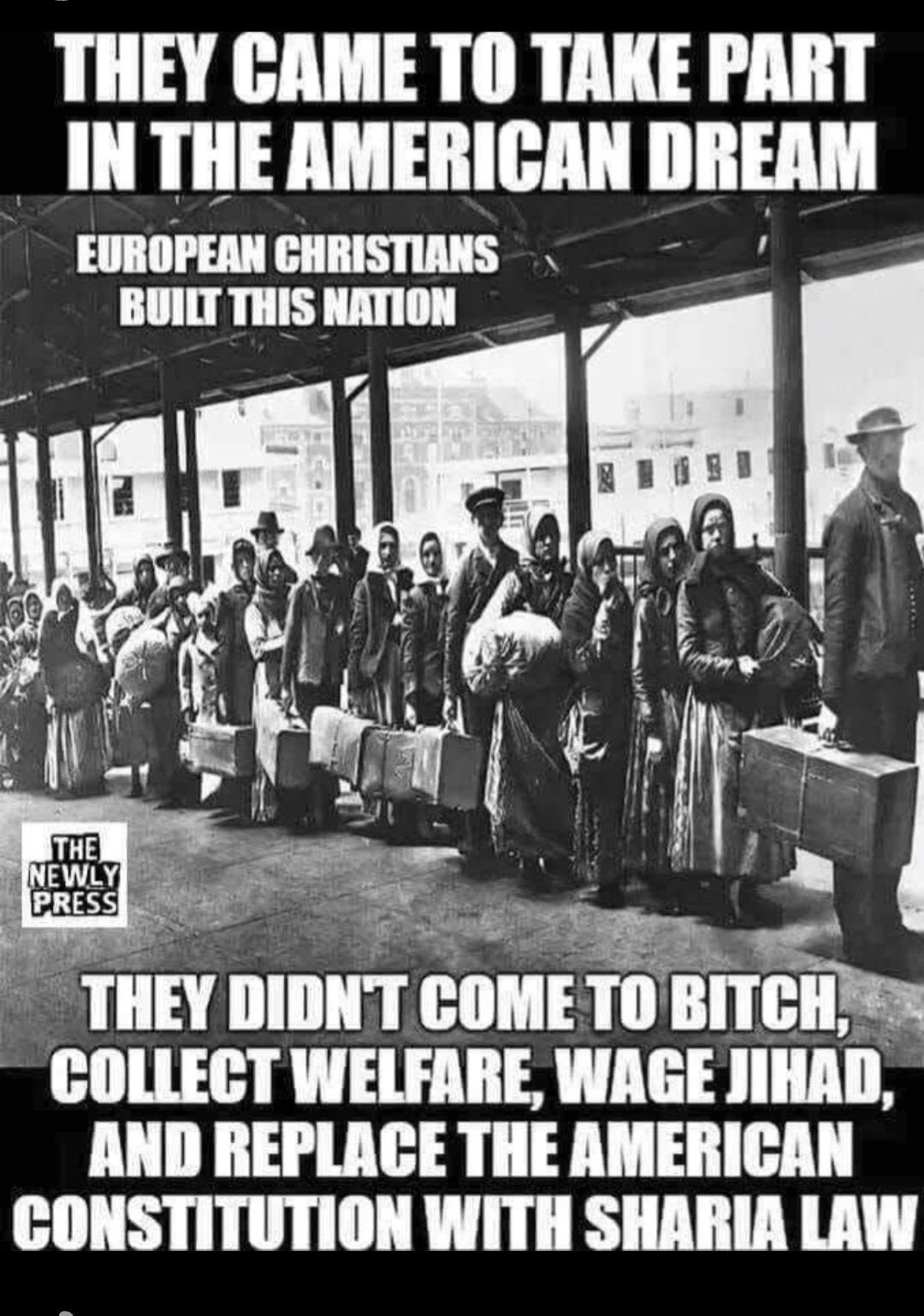 THEY GAME TO TAKE PART IN THE AMERICAN DREAM EUROPEAN GHRISTIANS H i g 1 Lfi e THEY DIDNT COME TO BITCH COLLECT WELFARE WAGE JIHAD AND REPLACE THE AMERICAN CONSTITUTION WITH SHARIA LAW