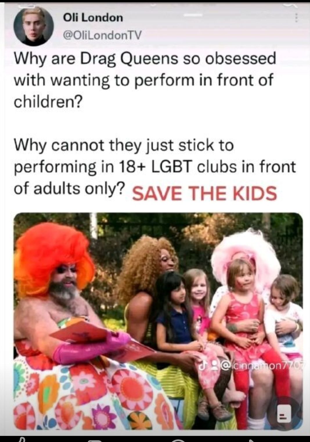 Oli London 0liLondonTV Why are Drag Queens so obsessed with wanting to perform in front of children Why cannot they just stick to performing in 18 LGBT clubs in front of adults only