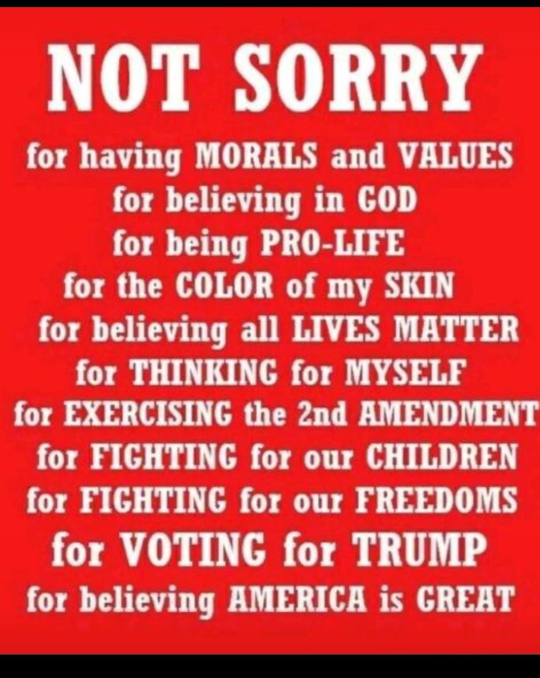 NOT SORRY for having MORALS and VALUES for believing in GOD for being PRO LIFE for the COLOR of my SKIN for believing all LIVES MATTER for THINKING for MYSELF for EXERCISING the 2nd AMENDMENT for FIGHTING for our CHILDREN for FIGHTING for our FREEDOMS for VOTING for TRUMP for believing AMERICA is GREAT