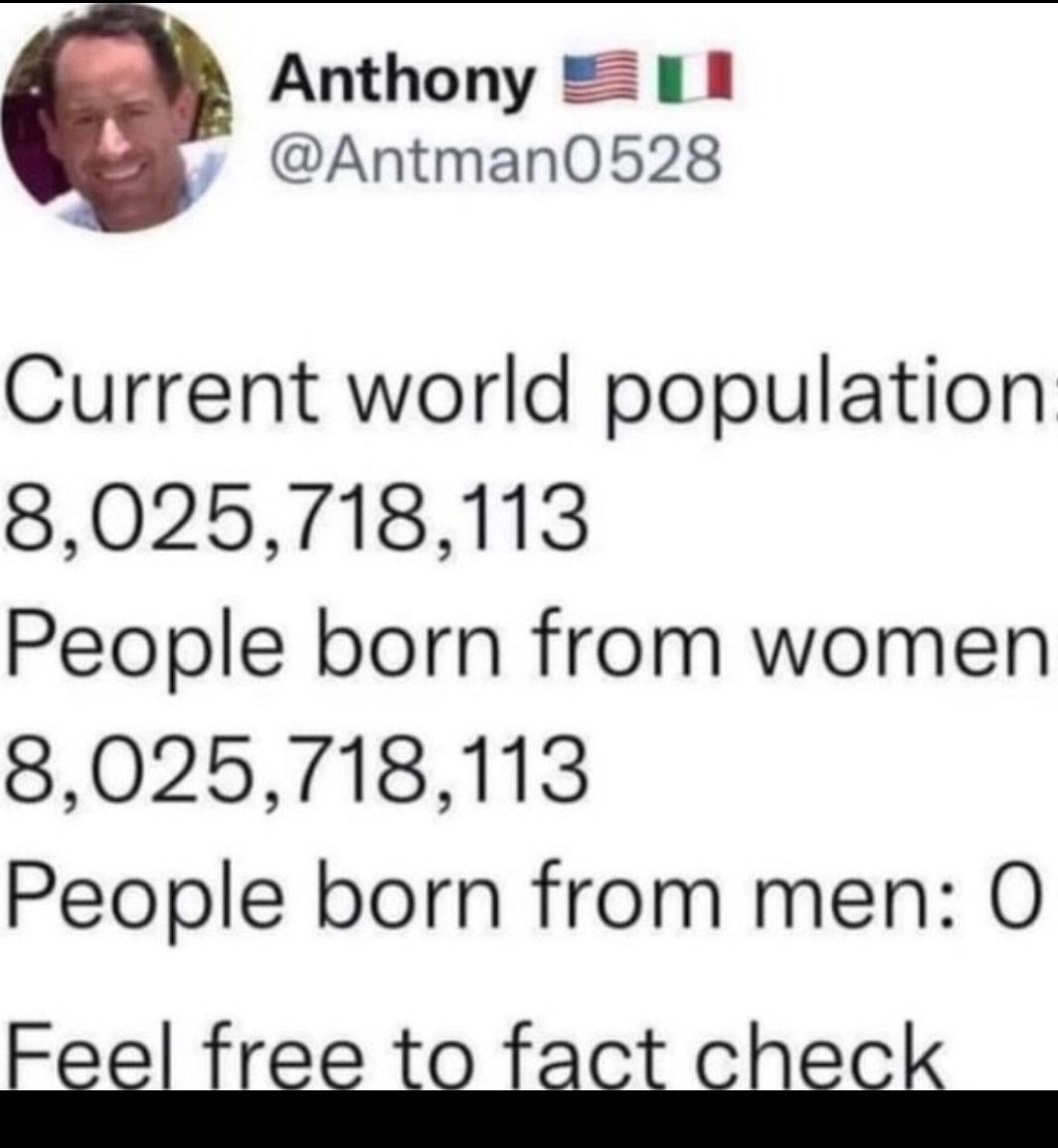 Anthony 11 y Antman0528 Current world population 8025718113 People born from women 8025718113 People born from men O Eeclirec o fact check