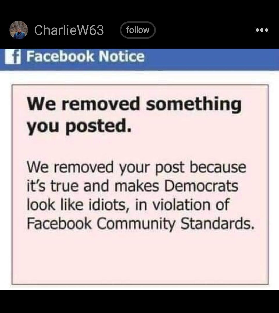 We removed something you posted We removed your post because its true and makes Democrats look like idiots in violation of Facebook Community Standards