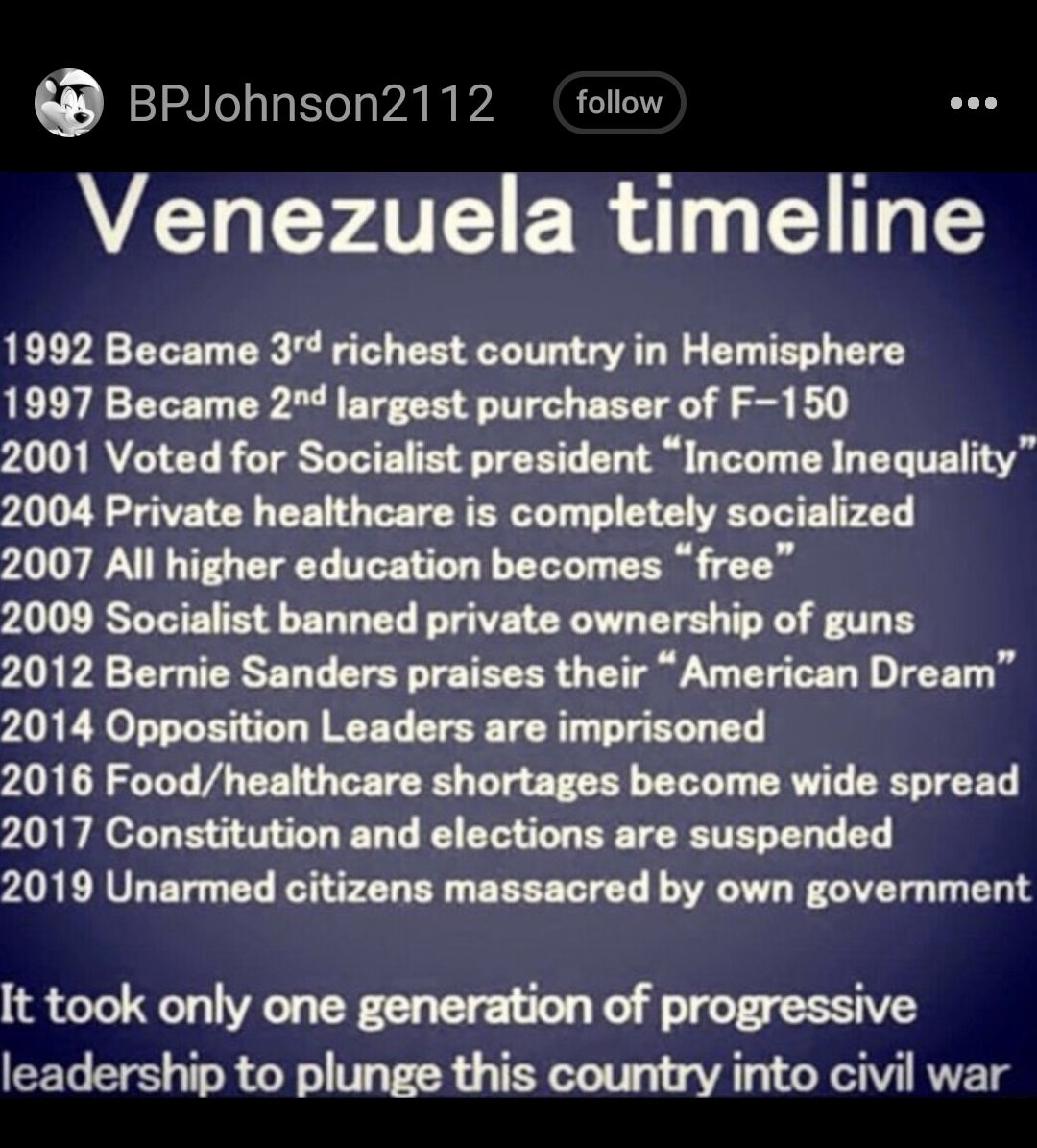 BPJohnson2112 follow N A ER GG 1992 Became 3 richest country in Hemisphere 1997 Became 2 largest purchaser of F 150 2001 Voted for Socialist president Income Inequality 2004 Private healthcare is completely socialized 2007 All higher education becomes free 2009 Socialist banned private ownership of guns 2012 Bernie Sanders praises their American Dream 2014 Opposition Leaders are imprisoned 2016 Fo