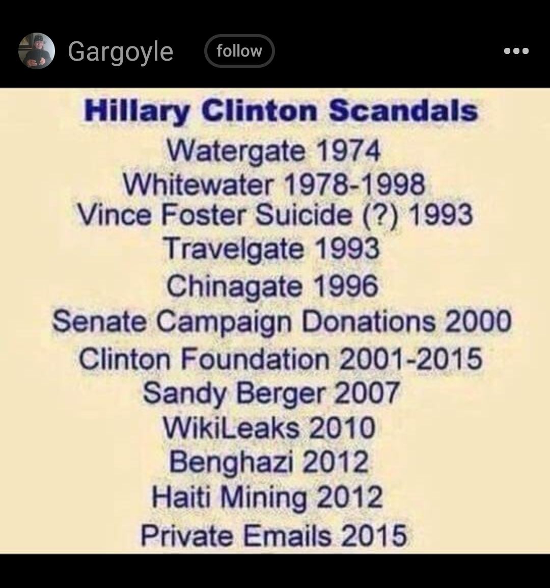 Gargoyle Hillary Clinton Scandals Watergate 1974 Whitewater 1978 1998 Vince Foster Suicide 1993 Travelgate 1993 Chinagate 1996 Senate Campaign Donations 2000 Clinton Foundation 2001 2015 Sandy Berger 2007 WikiLeaks 2010 Benghazi 2012 Haiti Mining 2012 Private Emails 2015