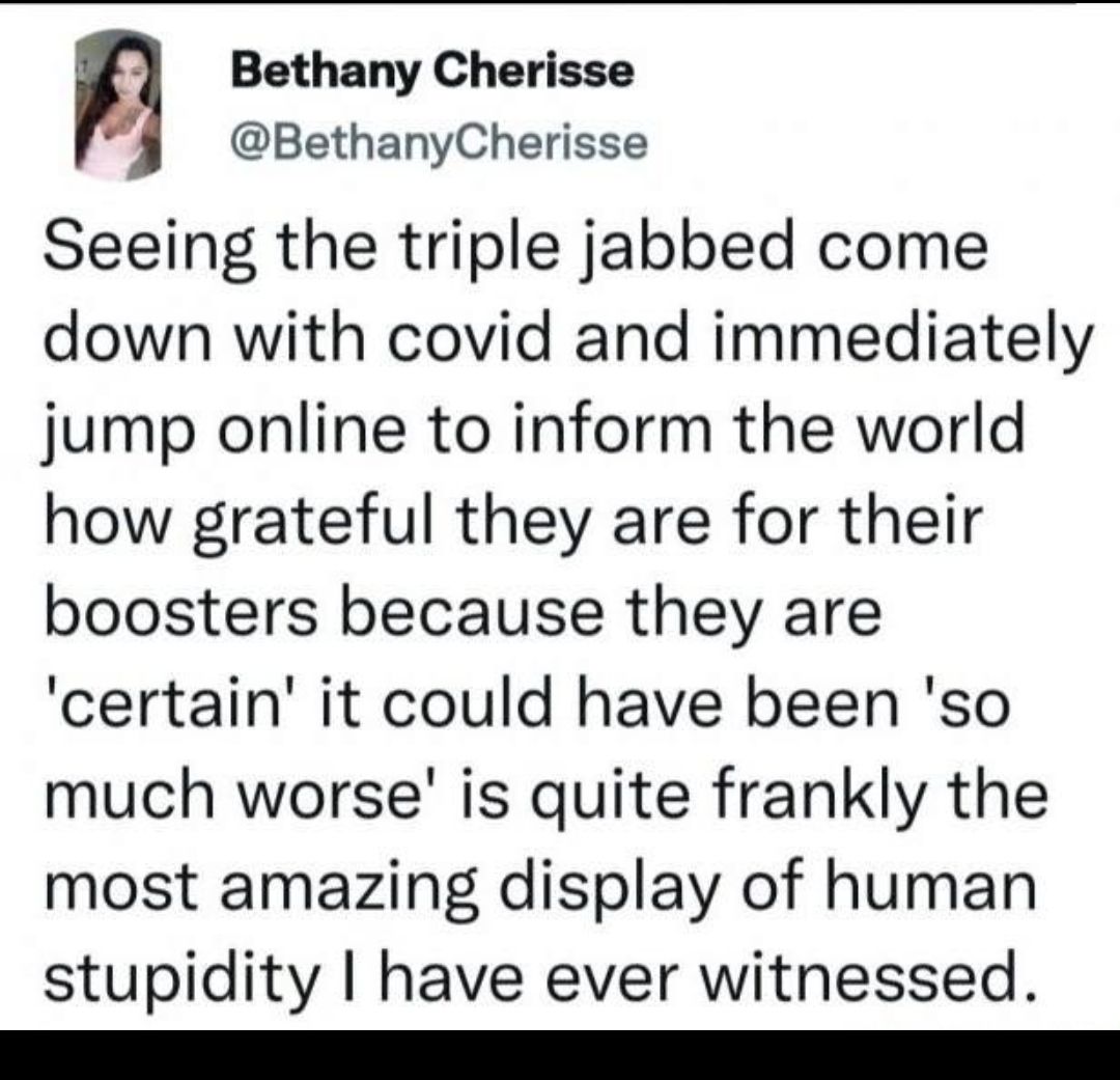n Bethany Cherisse BethanyCherisse Seeing the triple jabbed come down with covid and immediately jump online to inform the world how grateful they are for their boosters because they are certain it could have been so much worse is quite frankly the most amazing display of human stupidity have ever witnessed