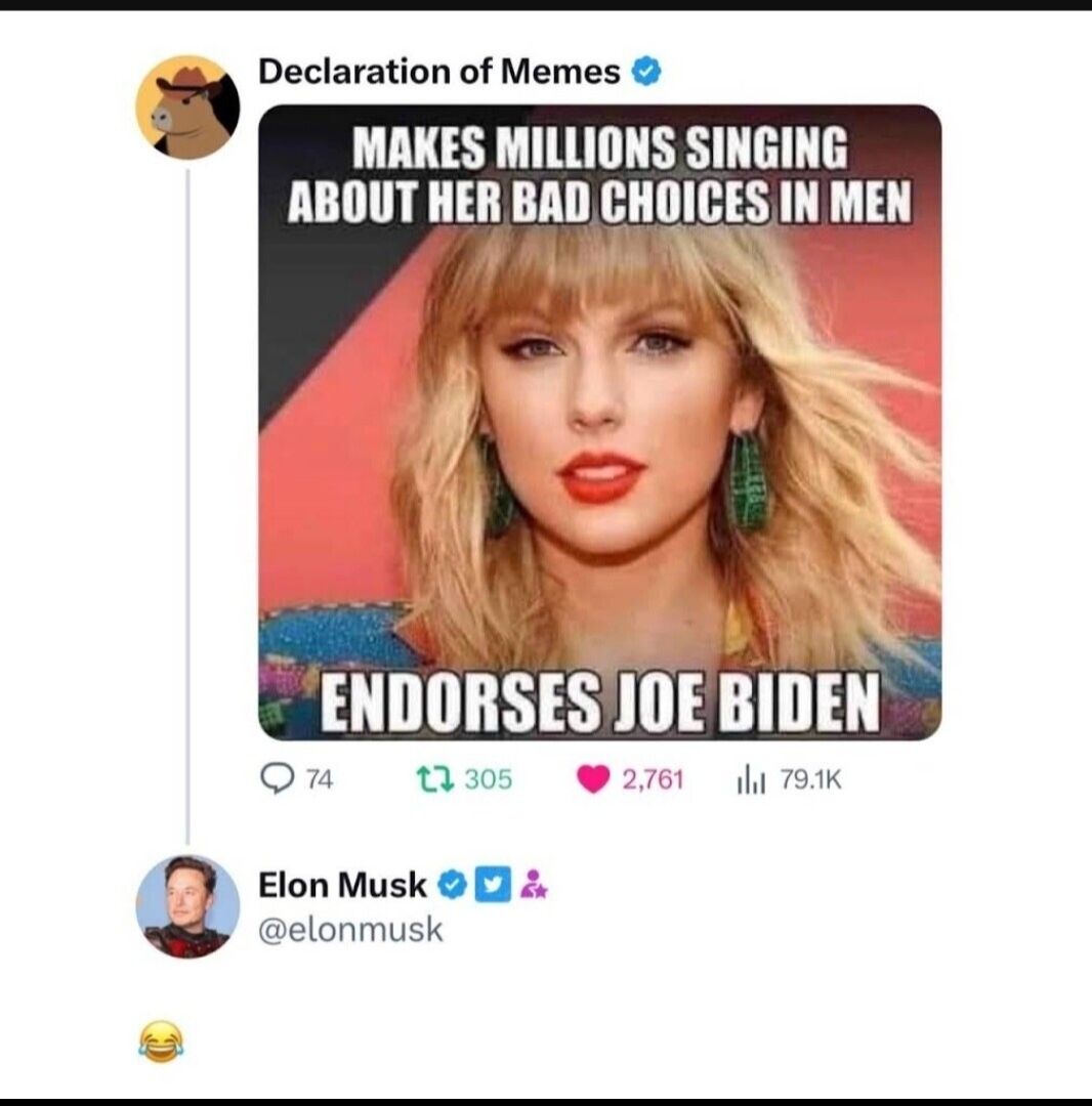 Declaration of Memes MAKES MILLIONS SINGING ABOUT HER BAD CHOICES IN MEN Ellllllisflll Omu 3305 il 79K f Elon Musk 2 elonmusk