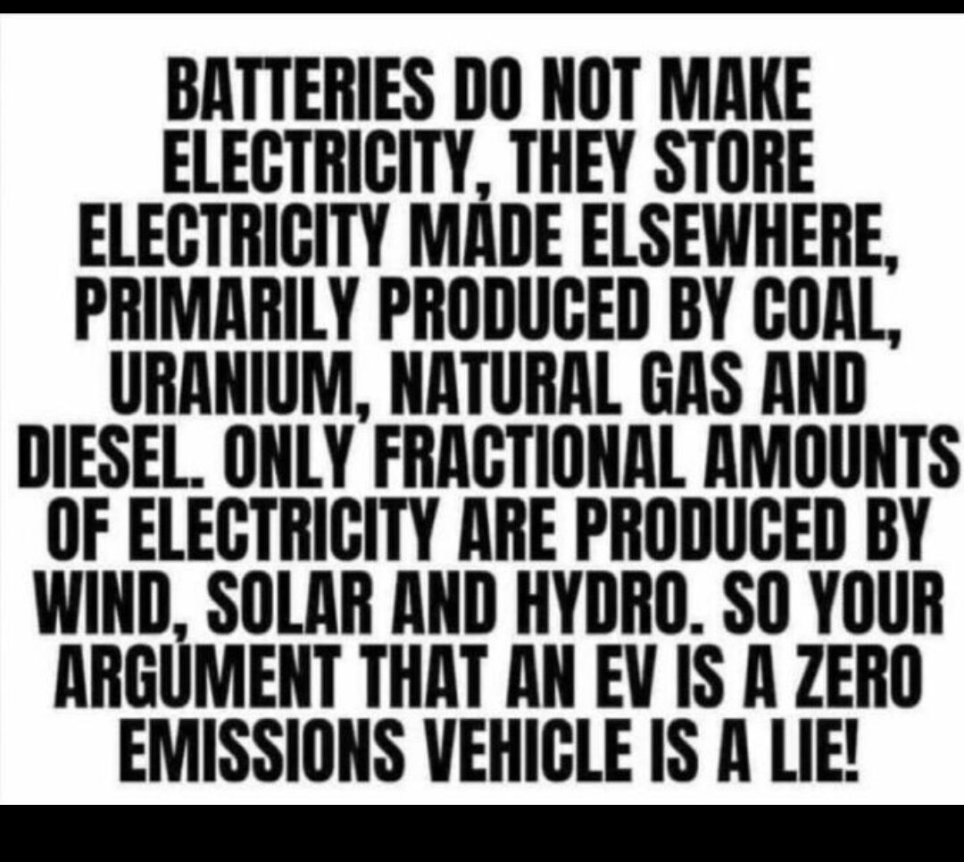 BRTTERIES DO NOT MAKE ELECTRICITY THEY STORE ELECTRICITY MADE ELSEWHERE PRIMARILY PRODUCED BY COAL URANIUM NATURAL GRS AND DIESEL ONLY FRACTIONAL AMOUNTS OF ELECTRICITY ARE PRODUCED BY WIND SOLAR AND HYDRO SO YOUR ARGUMENT THAT AN EV IS A ZERO EMISSIONS VEHICLE IS A LIE