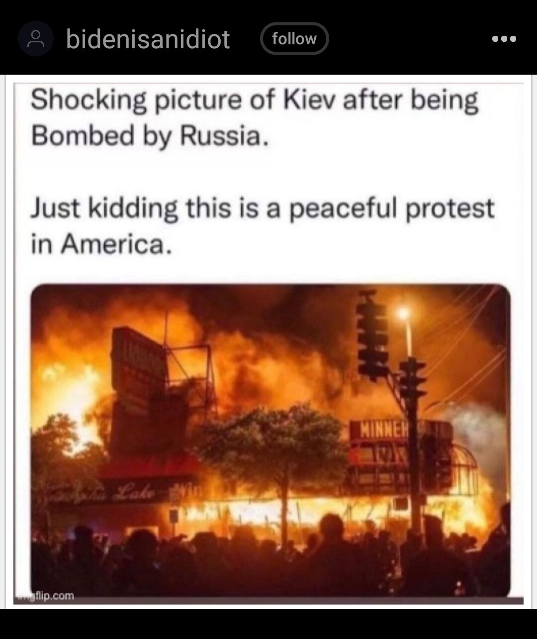 bidenisanidiot follow Shocking picture of Kiev after being Bombed by Russia Just kidding this is a peaceful protest in America
