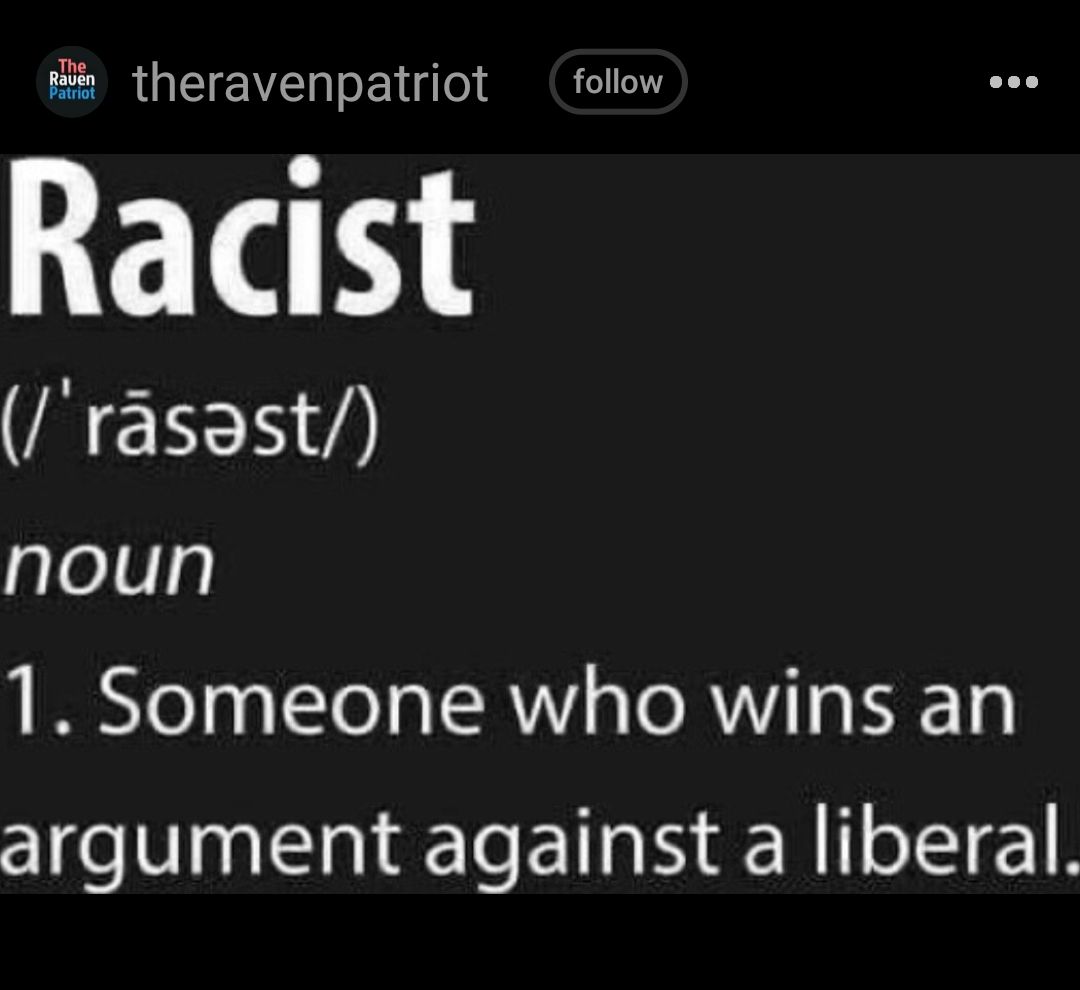 theravenpatriot follow Racist ACEERY noun LYol 0y To T RV s To RV TS B4 g argument against a liberal