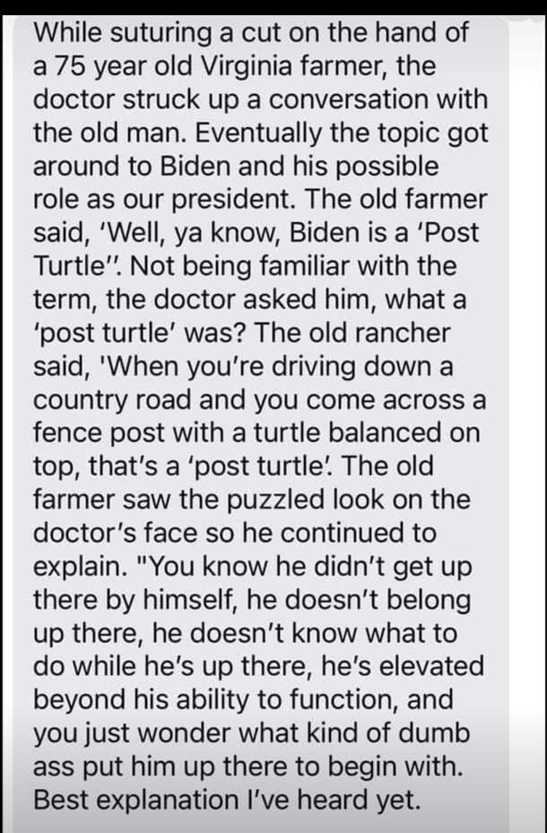 T U P A While suturing a cut on the hand of a 75 year old Virginia farmer the doctor struck up a conversation with the old man Eventually the topic got around to Biden and his possible role as our president The old farmer said Well ya know Biden is a Post Turtle Not being familiar with the term the doctor asked him what a post turtle was The old rancher said When youre driving down a country road 