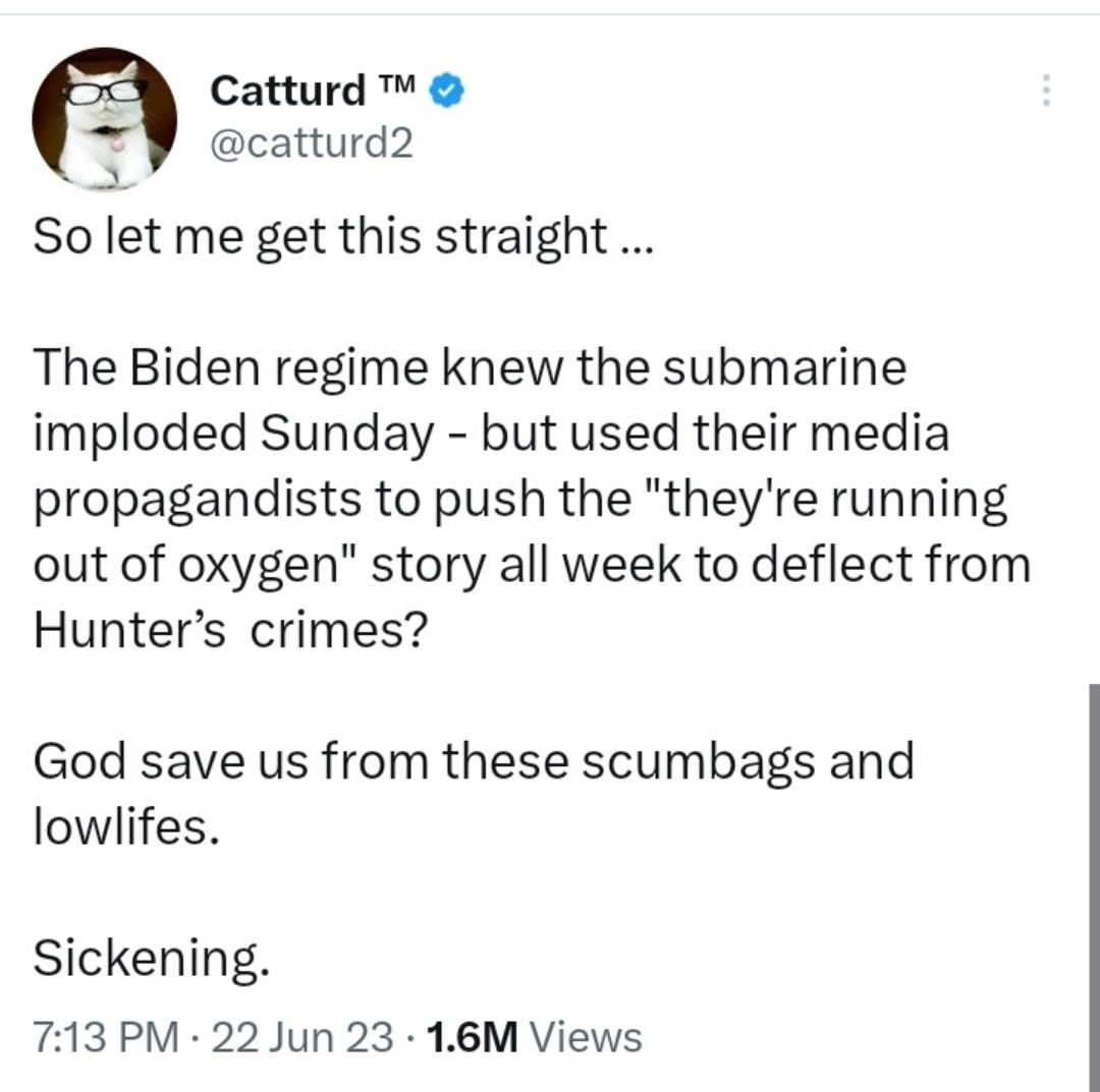 Catturd catturd2 So let me get this straight The Biden regime knew the submarine imploded Sunday but used their media propagandists to push the theyre running out of oxygen story all week to deflect from Hunters crimes God save us from these scumbags and lowlifes Sickening 713 PM 22 Jun 23 16M Views