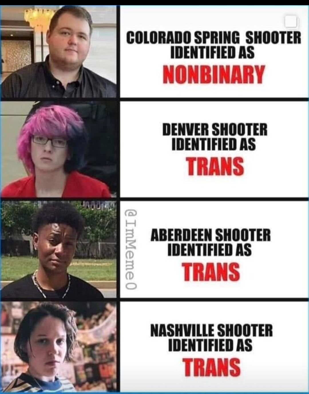 COLORADO SPRING SHOOTER IDENTIFIED AS DENVER SHOOTER IDENTIFIED AS ABERDEEN SHOOTER IDENTIFIED AS NASHVILLE SHOOTER IDENTIFIED AS