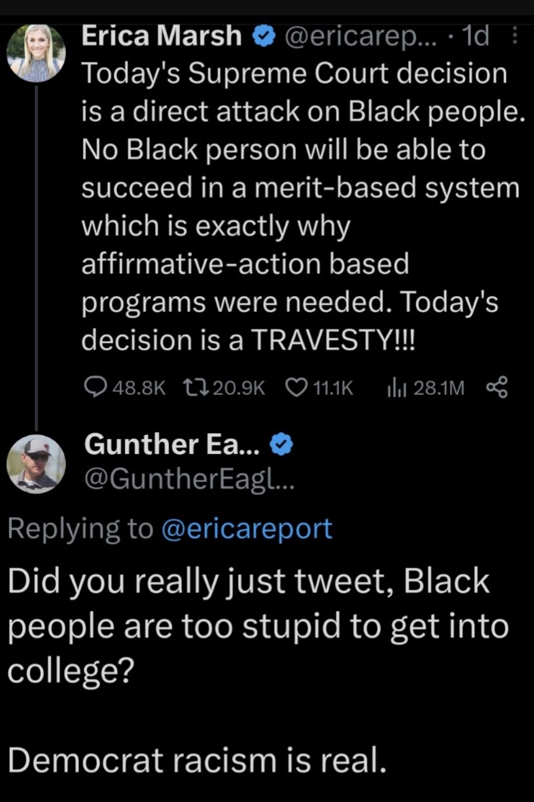 N ETE K NITerTETo NN o Todays Supreme Court decision is a direct attack on Black people No Black person will be able to succeed in a merit based system WL RNV G AN affirmative action based SO T E TN CRVIET N TTTe Yo M KT EVVAS decision is a TRAVESTY F13 TG i BT X T O W R R T QT MX R VI 4 GuntherEa GuntherEagl RET IR N LIoTTo el Did you really just tweet Black people are too stupid to get into coll