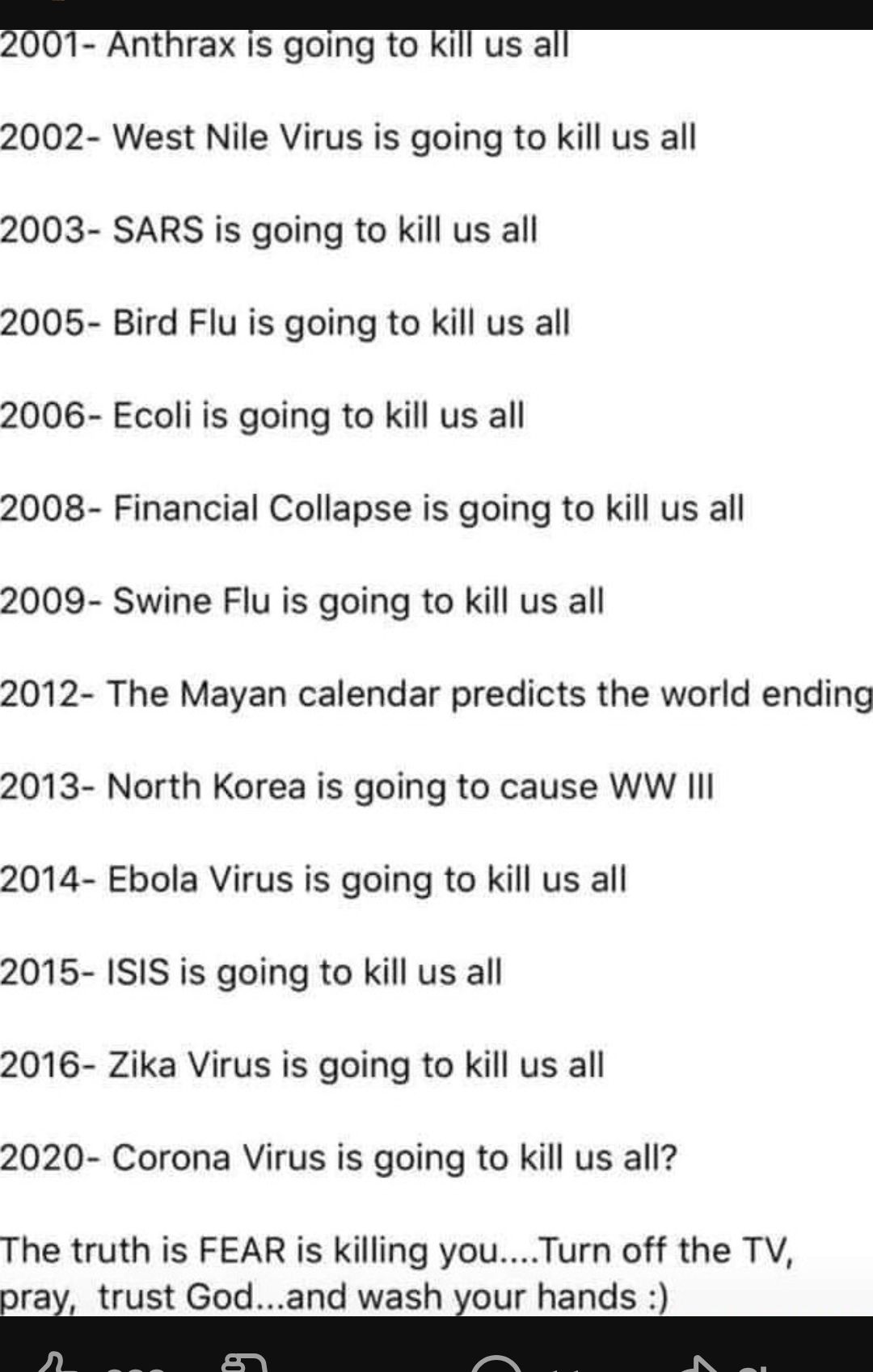 q anrax Is going to EI us al 2002 West Nile Virus is going to kill us all 2003 SARS is going to kill us all 2005 Bird Flu is going to kill us all 2006 Ecoli is going to kill us all 2008 Financial Collapse is going to kill us all 2009 Swine Flu is going to kill us all 2012 The Mayan calendar predicts the world ending 2013 North Korea is going to cause WW IIl 2014 Ebola Virus is going to kill us all