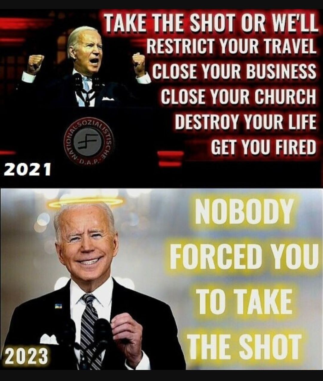 TAKE THE SHOT OR WELL A_ RESTRICT YOUR TRAVEL 7 nF QCLOSE YOUR BUSINESS CLOSE YOUR CHURCH DESTROY YOUR LIFE GET YOU FIRED v 3 3