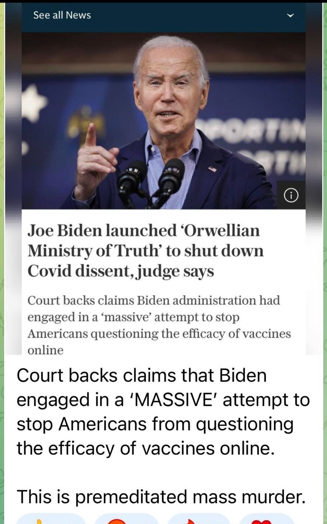 Joe Biden launched Orwellian ry of Truth to shut down ent judge says Court backs claims Biden administration had engaged in a massive attempt to stop Americans questioning the efficacy of vaccines online Court backs claims that Biden engaged in a MASSIVE attempt to stop Americans from questioning the efficacy of vaccines online This is premeditated mass murder