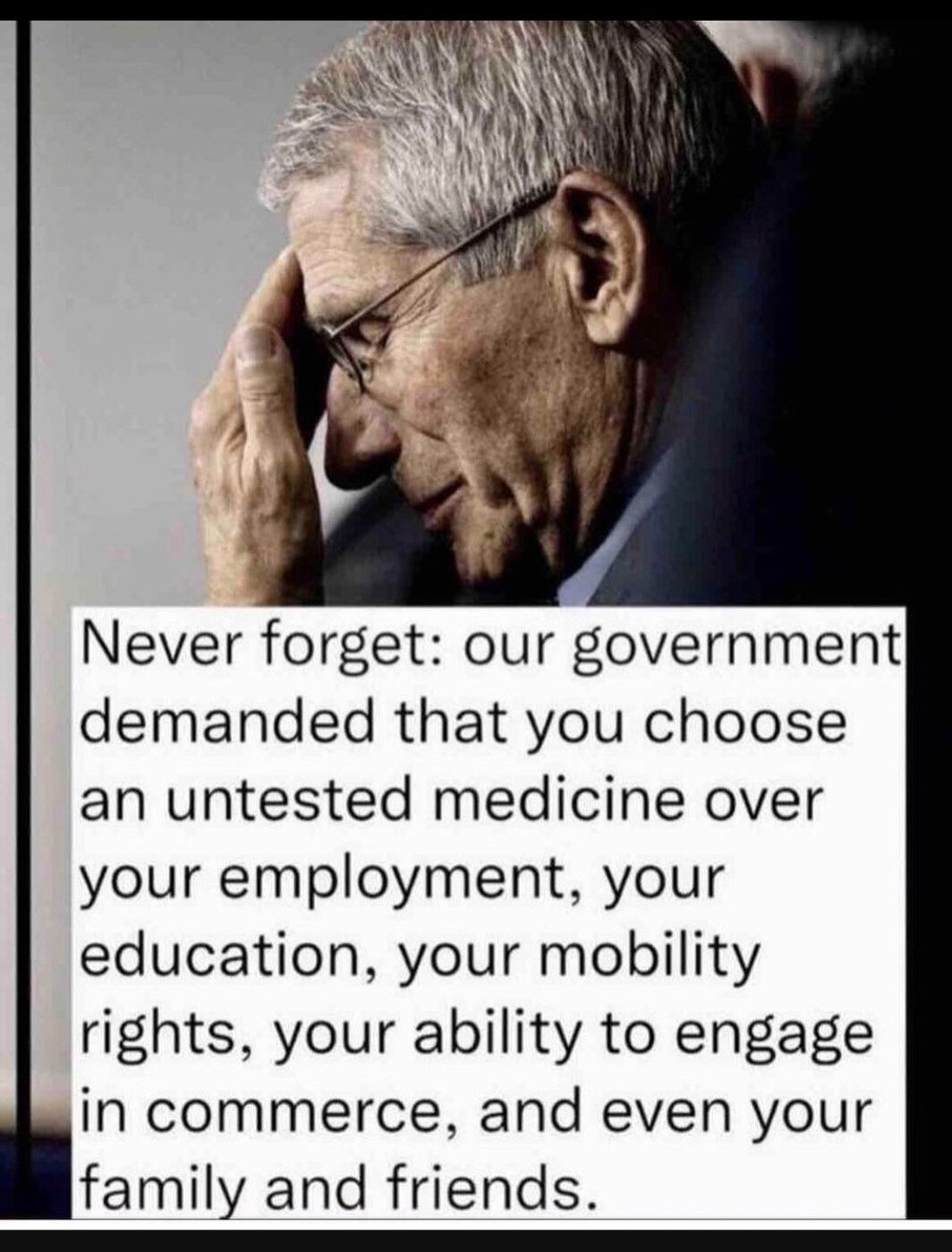 Never forget our government demanded that you choose an untested medicine over your employment your education your mobility rights your ability to engage in commerce and even your family and friends