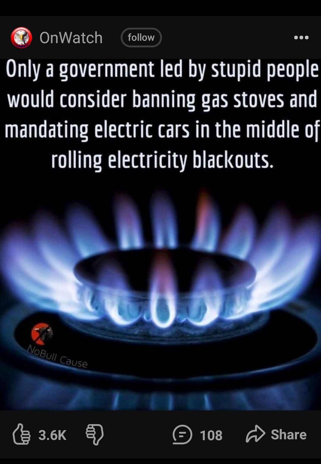 onwatch folow WERELE G AN would consider banning gas stoves and mandating electric cars in the middle of rolling electricity blackouts o BERTRERN RSN 3 108 share