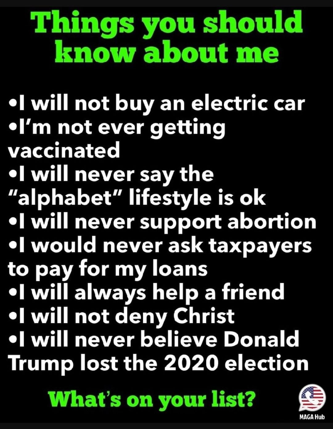 Things you should know about me will not buy an electric car Im not ever getting vaccinated CIRVV W VV IVR T alphabet lifestyle is ok l will never support abortion l would never ask taxpayers LY EVR LT SALETH ol will always help a friend will not deny Christ l will never believe Donald Trump lost the 2020 election Whats on your list s