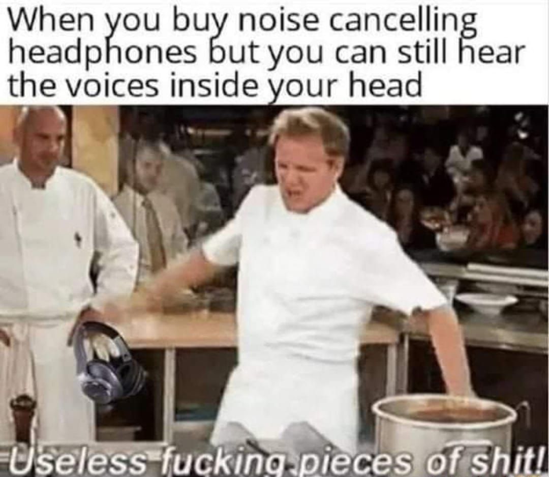 When ou bug noise cancellin headphones but you can still hear the voices inside your head