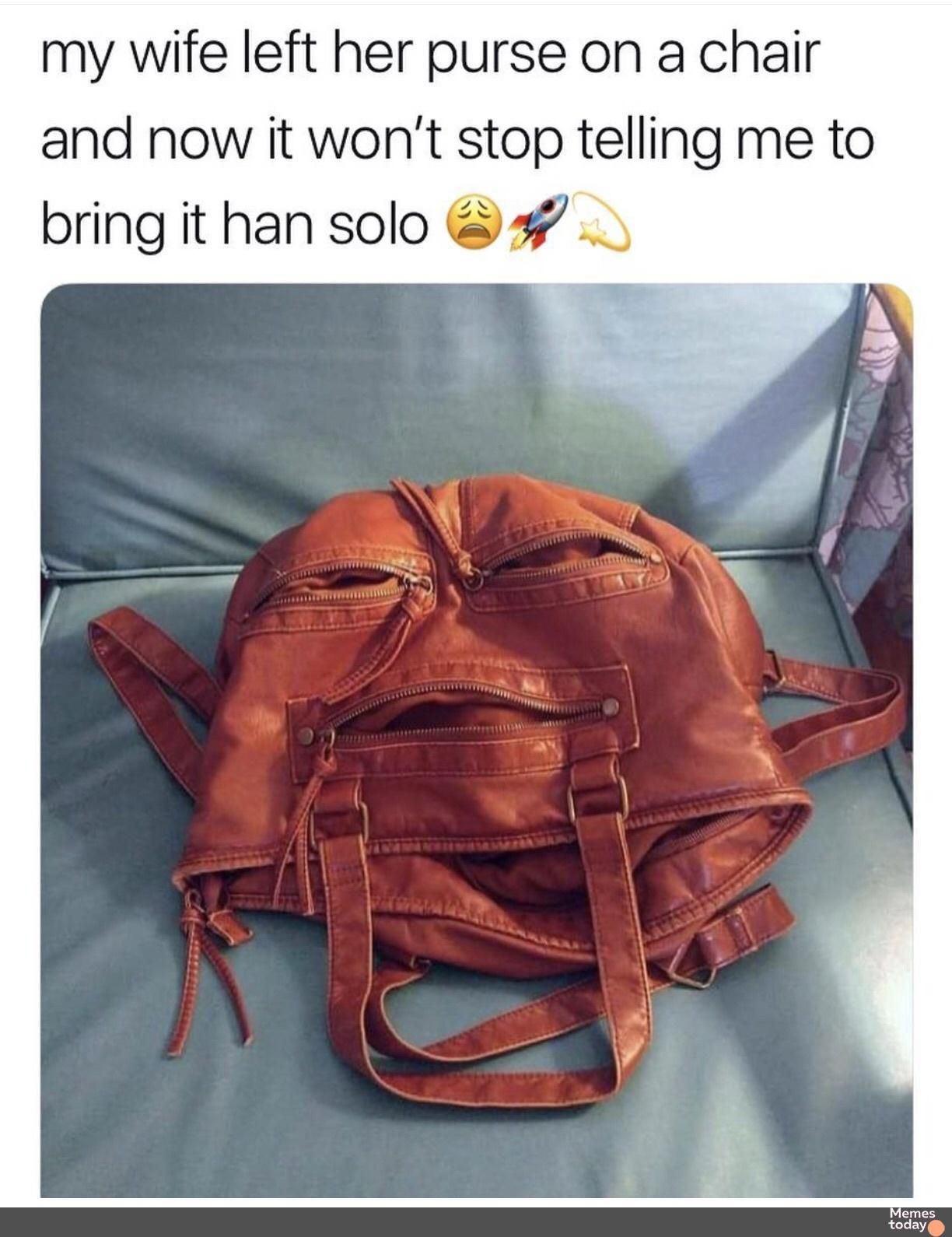 my wife left her purse on a chair and now it wont stop telling me to bring it han solo 7