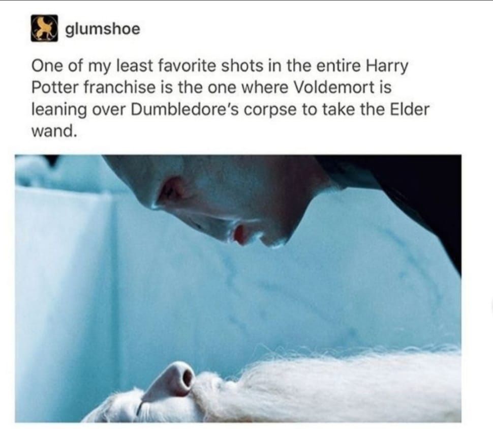 glumshoe One of my least favorite shots in the entire Harry Potter franchise is the one where Voldemort is leaning over Dumbledores corpse to take the Elder wand w