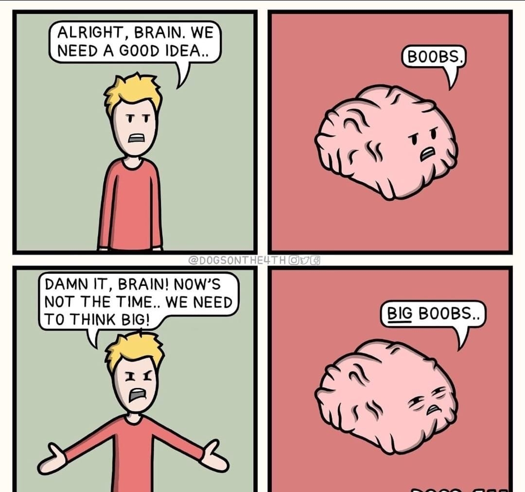 ALRIGHT BRAIN WE NEED A GOOD IDEA BOOBS DAMN IT BRAIN NOWS NOT THE TIME WE NEED TO THINK BIG S S e S e
