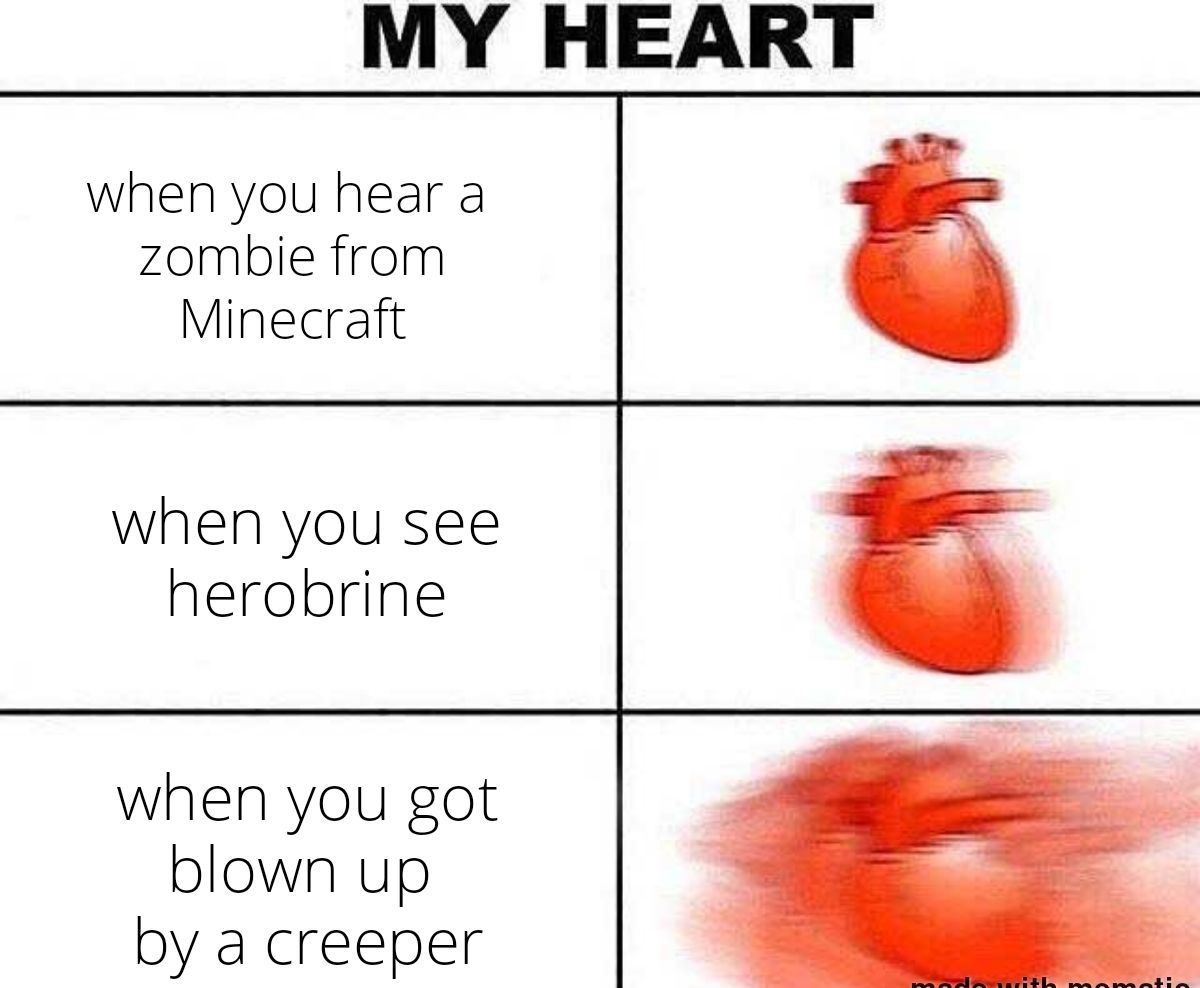 MY HEART when you hear a zombie from Minecraft when you see nerobrine when you got blown up by a creeper